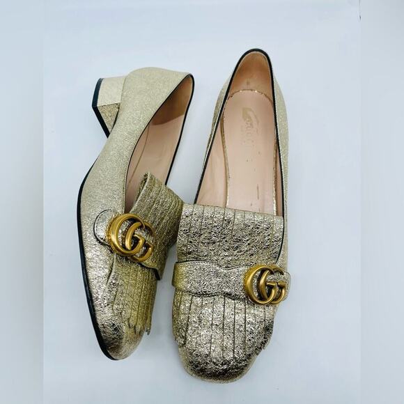 Gucci Gold Metallic leather GG fringe Marmont 30mm Heeled Loafer pumps EU 41 - Picture 1 of 12